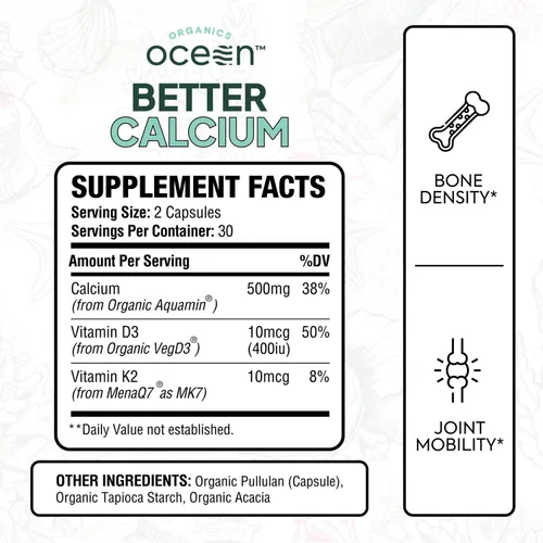 Vista 2 de Organics Ocean Better - Algas rojas de calcio derivadas con D3 y K2, 60 cápsulas