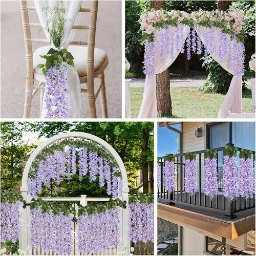 Vista 3 de RECUTMS Guirnalda de flores artificiales de seda lila, moradas, 8 unidades Morado