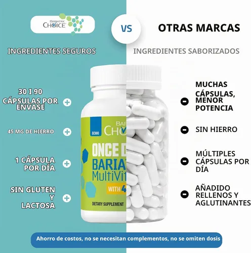 Vista 5 de Bariatric Choice Multivitamínico bariátrico una vez al día con 45 mg de hierro, cápsula fácil de tragar, vitamina para pacientes de cirugía
