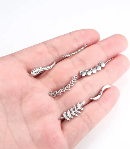 Vista 6 de FIBO STEEL 6 pares de aretes de oruga para mujer, aretes de pluma de hoja lineal de onda lineal