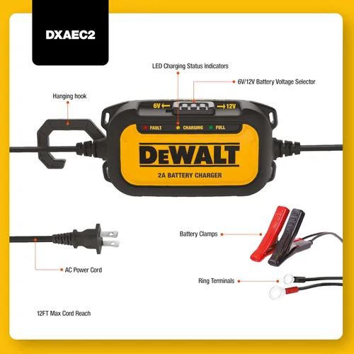 Vista 2 de DEWALT DXAEC2 Cargador y Mantenedor de Batería Automotriz de 2 Amperios Profesional