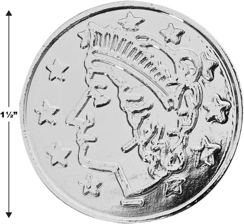 Vista 2 de Beistle 100 monedas de plástico en relieve de plata para casino occidental y tema pirata, recuerdos de fiesta del cofre del tesoro, 1.5 pulgadas