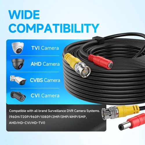 Vista 2 de Cables de alimentación de video BNC todo en uno de 100 pies/98.4 ft, cables de cámara de vigilancia de extensión BNC para sistemas CCTV DVR NVR