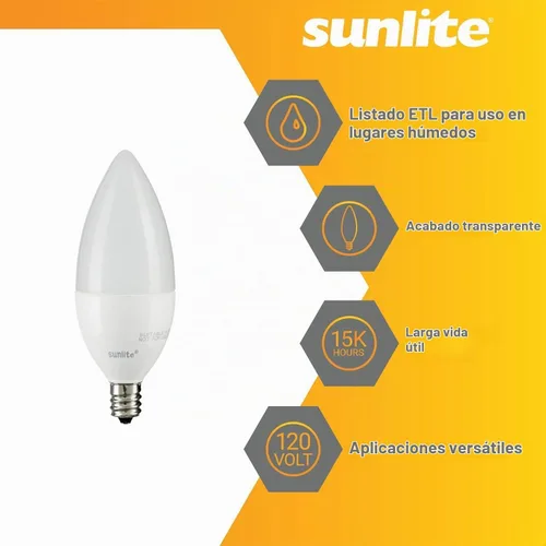 Vista 3 de Sunlite Bombilla LED B11 con punta de torpedo esmerilada, 4.5 vatios (equivalente a 40 W) 300 lúmenes, base de candelabro E12, regulable 5000K luz