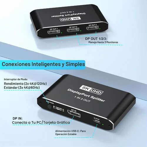 Vista 6 de Divisor DisplayPort 1 en 3 salidas, divisor de puerto de pantalla para monitores triples, compatible con DSC de 8K a 60Hz y modo extendido/espejo 4K