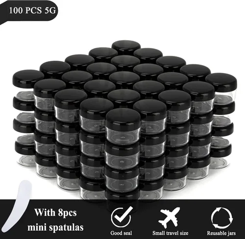 Vista 5 de 100 piezas de 5 gramos Envases de muestra, tarros vacíos de 5 ml con tapas, envases cosméticos pequeños, tarros de muestra mini con 8 piezas de mini