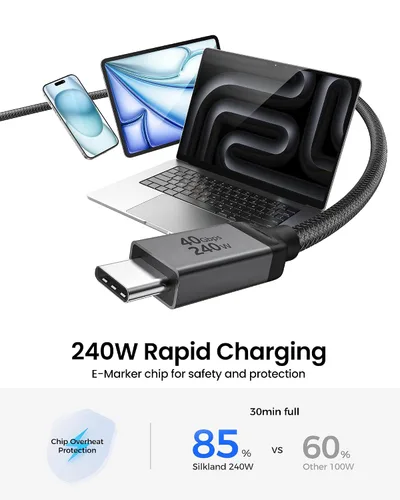 Vista 4 de Silkland Cable USB 4 para Thunderbolt 4 de 1 pie, transferencia de datos de 40 Gbps, carga rápida PD3.1 de 240 W, 8K a 60 Hz, cable de datos USB C