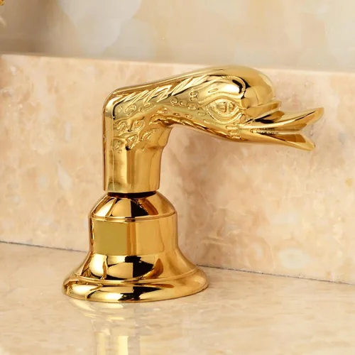 Vista 5 de Oro dorado adornado estilo cisne baño fregadero grifo combinado cubierta montaje fregadero mezclador grifo conjunto agua fría caliente