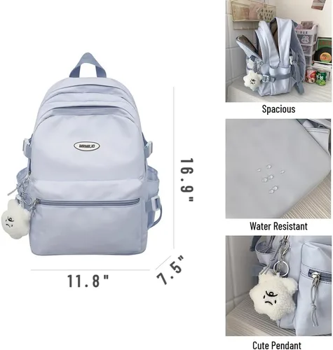 Vista 3 de Mochila Kawaii con bonito colgante de felpa, estética, casual, mochila de trabajo de viaje de 36 a 55 L, Azul, Moderno