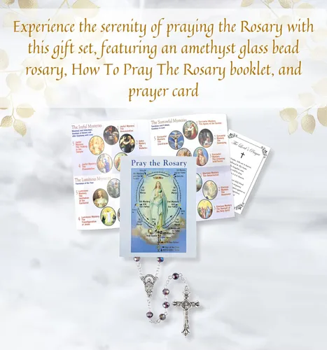 Vista 2 de Cómo orar el folleto del rosario - Folleto de reza el rosario, cuentas de oración de cristal de amatista, tarjeta de oración del Señor - Juego