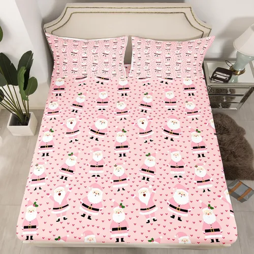 Vista 12 de Juego de sábanas con diseño de Papá Noel y muñeco de nieve para niños, niñas y niños, de temática navideña, juego de cama con diseño de árbol