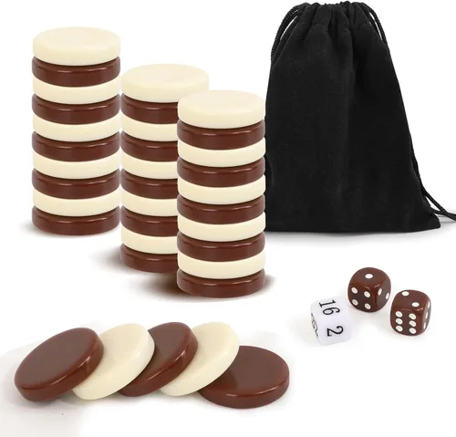 Vista 10 de Piezas de Damas - Piezas de Backgammon - Marrón Oscuro/Natural 15 piezas Cada (Negro y Beige, 27mm/1.06in)