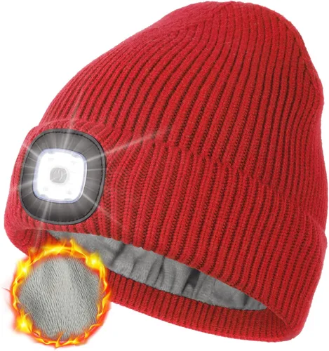 Vista 20 de MELASA Gorro de invierno con forro polar LED, recargable por USB, gorro cálido con luz integrada, regalos para hombres, papá, esposo, él