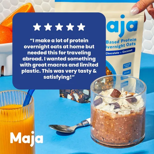 Vista 6 de Maja Avena orgánica durante la noche, avena con proteína de cacao y coco, 4 bolsas de una sola porción, avena vegana y sin gluten, deliciosa avena