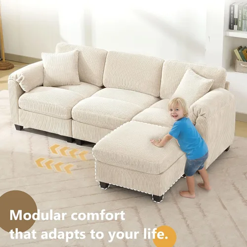 Vista 6 de Sofá modular modular con otomana, sofá de pana de 3 plazas con 2 almohadas, sofá de asiento profundo en forma de L de 88.2 pulgadas con cojín Beige