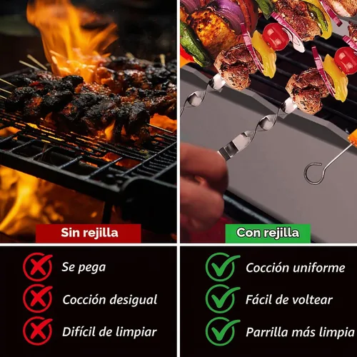 Vista 5 de Brocheta de acero inoxidable de 13.8 pulgadas, soporte universal compatible con madera, acero redondo, pinchos planos y de bambú, accesorios