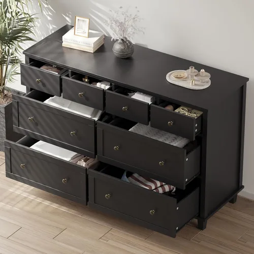 Vista 6 de Cómoda de madera con 8 cajones de 56.3 pulgadas de ancho, cómoda de almacenamiento grande para dormitorio, sala de estar, pasillo, entrada Negro