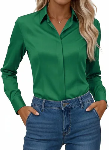 Vista 18 de Gleeivy Camisa con botones para mujer, solapa con botones ocultos, ligera, transpirable, resistente a las manchas, manga larga, trabajo e informal
