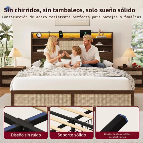 Vista 7 de BRELTAM Marco de cama de ratán tamaño Queen con 4 cajones de almacenamiento y cabecera de almacenamiento oculto, marco de cama de plataforma