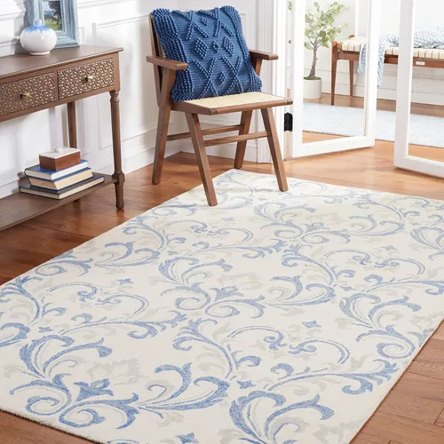 Vista 5 de SAFAVIEH Jardin Collection Alfombra de pasillo, 2 pies 3 pulgadas x 8 pies, marfil y azul, lana floral hecha a mano, ideal para zonas de alto