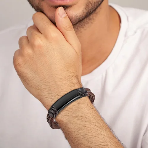 Vista 2 de murtoo Pulsera para hombre de cuero y acero, pulseras trenzadas de doble fila para hombres con cierre magnético de acero inoxidable, regalo elegante