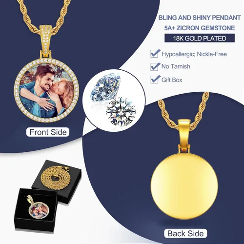 Vista 8 de YIMERAIRE Collar personalizado con imagen chapado en oro de 18 quilates, negrooroplata, cadena circular personalizada con dije de placa de perro CZ