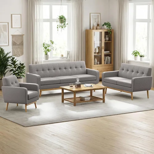 Vista 8 de HUIMO - Juego de muebles para sala de estar con botones, juego de muebles tapizados con botones para sala de estar, sofá moderno tapizado con marco