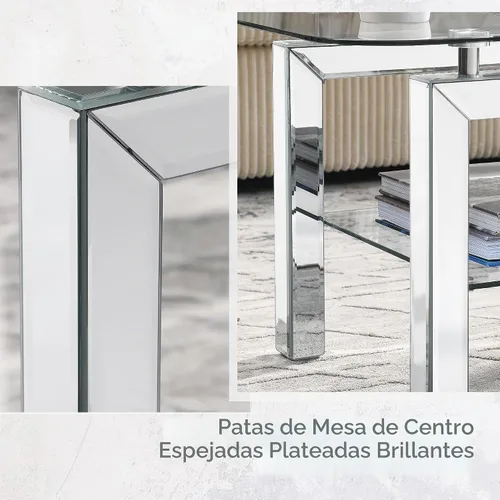 Vista 5 de Mesa auxiliar rectangular con parte superior de vidrio con patas de espejo plateadas para sala de estar, moderna y glamorosa mesa de vidrio templado