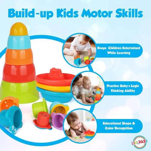 Vista 2 de Playkidz Juego de juguetes de baño – Tren pequeño, cuencos apilables y tazas de cocodrilo para niños pequeños, paquete de 16 remolcadores apilables