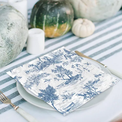 Vista 4 de AnyDesign 80 servilletas de papel azul y blanco clásicas con estampado de pueblo francés, servilletas desechables rústicas decorativas para cena