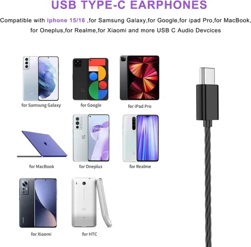 Vista 2 de Paquete de 3 auriculares USB C para iPhone 17 16 15 Pro Max, auriculares con cable tipo C, auriculares magnéticos con cancelación de ruido de graves