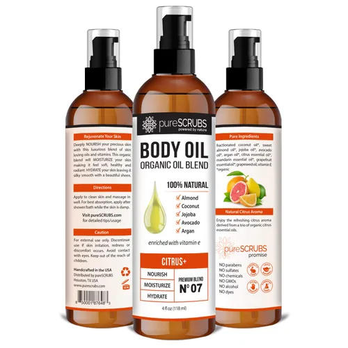 Vista 6 de pureSCRUBS Spray de aceite corporal cítrico ultra hidratante para piel seca, masaje, cutículas y más, súper mezcla orgánica de aceites de jojoba