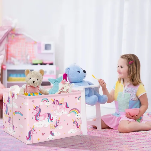 Vista 3 de Clastyle Adorable cesta de estante de unicornios rosados para niños, diseño de nube, corazón, arco iris, cesta de regalo rectangular para ropa