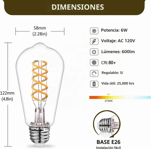 Vista 2 de Bombillas LED Edison ST58 (ST19) equivalentes a 60 vatios, CRI 80+, inastillables, alto brillo, blanco suave, 2700 K, regulables, bombillas
