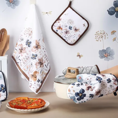 Vista 6 de Teenyyou Juego de 6 toallas de cocina con estampado floral de amapola marrón primavera, guantes de horno y agarraderas, decoración de flores