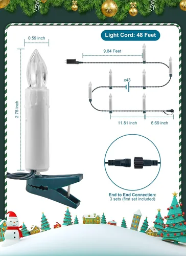 Vista 7 de Luces de cadena de velas para árbol de Navidad enchufables, 50 luces LED de velas sin llama con clips, luces parpadeantes de velas de 48 pies