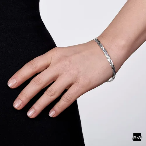 Vista 2 de Amberta Pulsera de cadena trenzada de plata de ley 925 para mujer (longitud 7.5 pulgadas), Metal, Sin gemas.
