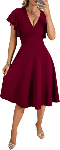 Vista 2 de LYANER Vestido midi acampanado de manga corta con volantes y cuello en V para mujer