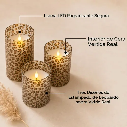Vista 3 de Mark Feldstein - Velas LED de cristal con estampado de leopardo, juego de 3