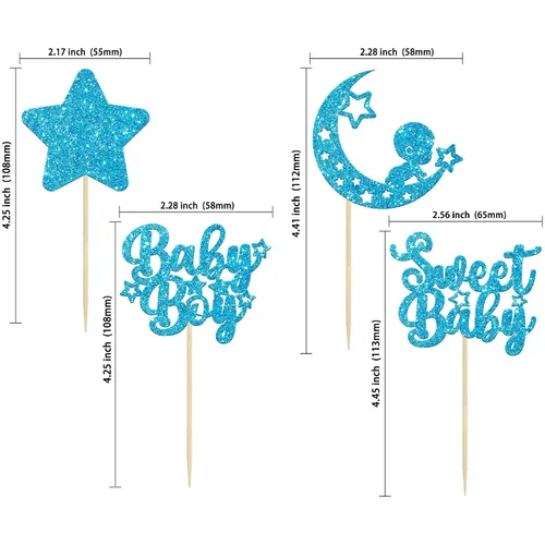 Vista 2 de Gyufise 24 piezas de adornos azules para cupcakes para bebé, con purpurina azul, estrellas, luna, dulce baby shower, niño, cupcakes para baby