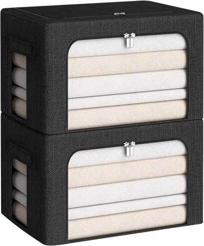 Vista 10 de CYhom Caja de almacenamiento de ropa, juego organizador plegable de tela de lino con ventana transparente, asas de transporte y marco de metal, 2