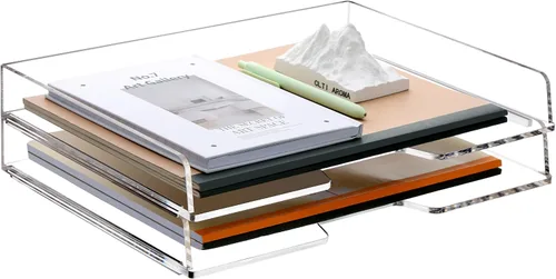 Vista 10 de SANRUI Organizador de Bandeja de Cartas de 2 Niveles con Cajón Deslizante, Organizador de Escritorio Apilable, Bandeja de Papel de Acrílico