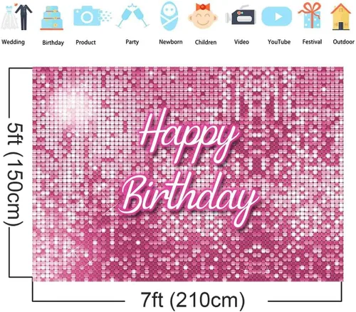 Vista 5 de Telón de fondo de cumpleaños cuadrado rosa con lentejuelas brillantes, paneles brillantes para fotografía de pared, fondo de fotografía de princesa