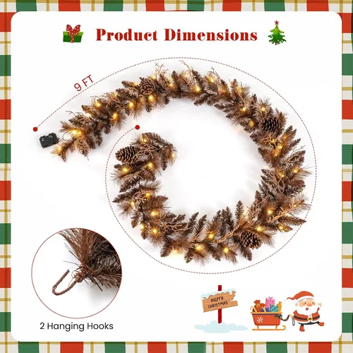 Vista 7 de Goplus - Guirnalda de Navidad preiluminada de 2,7 m, guirnalda artificial con luces, funciona con baterías, con 140 PVC y agujas de pino, conos