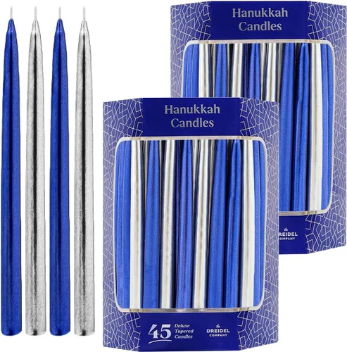 Vista 9 de The Dreidel Company - Velas metálicas azules y plateadas sin goteo de Janucá, 45 velas prémium cónicas decoradas a mano para Janucá, 1 hora