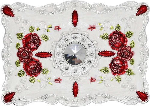 Vista 2 de AVESON Joyero rectangular de aleación de metal de lujo vintage con patrón de rosas para mujeres, niñas, diseño de dos capas, blanco y rojo, grande