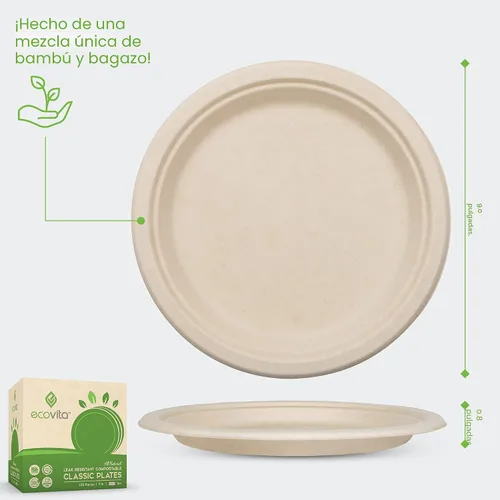 Vista 2 de Ecovita Platos de papel 100 % compostables [9 pulgadas] – 150 platos desechables ecológicos, resistentes, libres de árboles, líquidos y resistentes