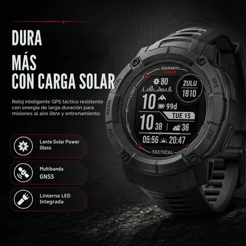 Vista 2 de Garmin Instinct 2X Solar - Edición táctica, carga solar, reloj inteligente GPS resistente, linterna integrada, calculadora de balística, paquete