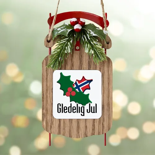 Vista 4 de CafePress Adorno navideño de trineo Gledelig Jul de Noruega