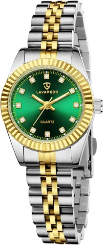 Vista 15 de Juego de reloj de oro para mujer, chapado en oro de 18 quilates, brazalete brazalete anillo para mujer, delicado reloj analógico impermeable